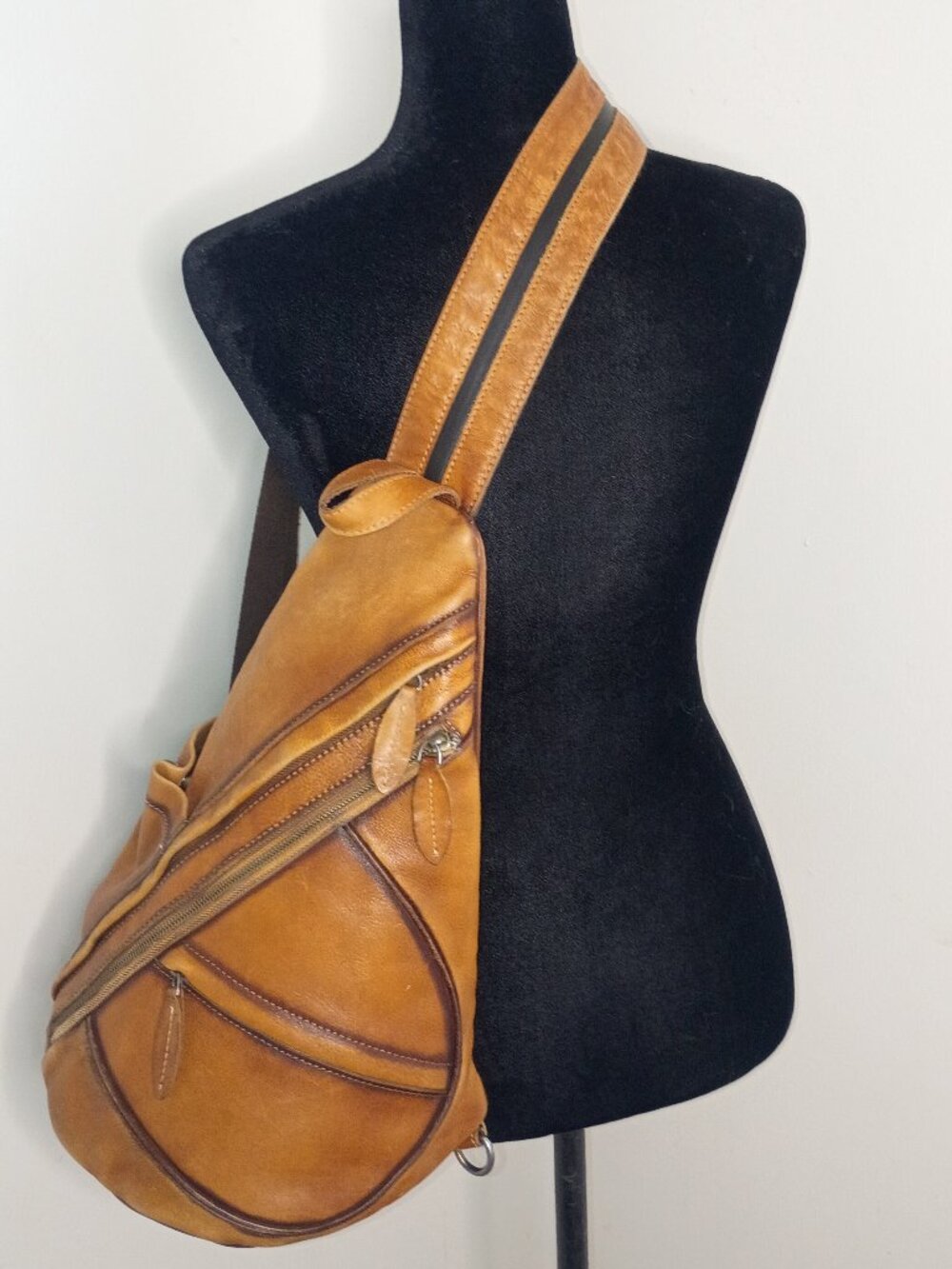 Retro Imported Leather FEIGITOR Multi-Pocket Convertible Sling Bag/Backpack--Tan